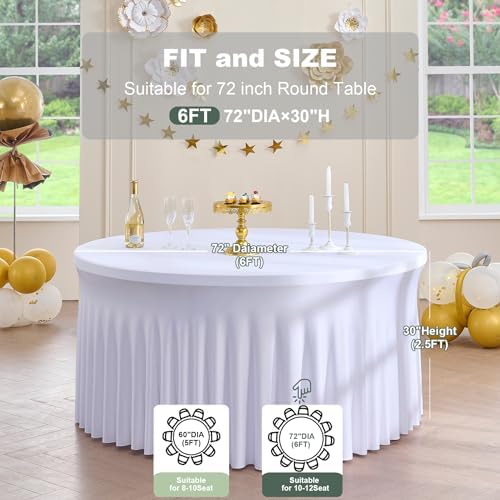 Outpain 6 Pack 72inch/6FT Spandex White Round Tablecloth, Stretchy 132inch Fitted 6FT Round Table Cloths, Wrinkle Free Table Cover with Skirt for Wedding Party Dining Banquet - Image 4