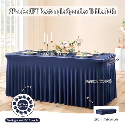 leegleri 2 Pack Navy Blue Spandex Tablecloths for 8 Foot Rectangle Tables, Wrinkle Free Fitted Table Cloths 8ft Stretchy Table Cloth Cover with Skirt for Parties Weddings Birthday Banquet Baby Shower - Image 6