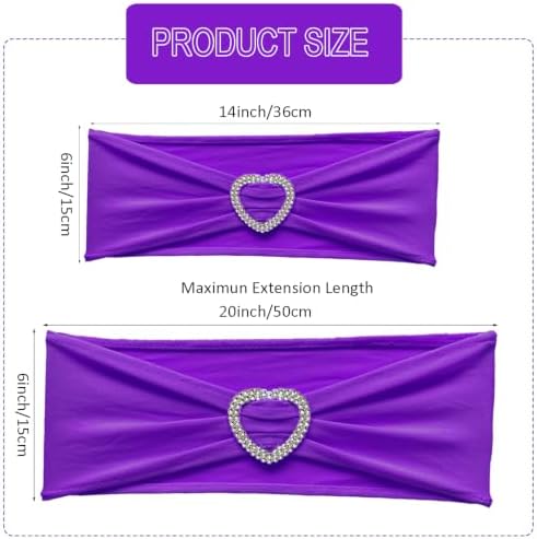 Purple Chair Sashes 60 Pack Spandex Purple Chair Sashes Bows with Heart Buckle Slider for Wedding Banquet Party Decorations - Image 2