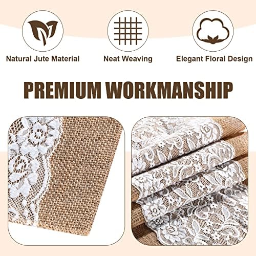 Tatuo 12 Pieces Burlap Table Runners with Lace 12 x 108 Inch Long Rustic Jute Natural Hessian Burlap Table Runner for Farmhouse Style Country Vintage Wedding Party Dinner Decoration - Image 3