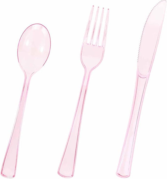HEIPINIUYE 75 Pack Light Pink Clear Plastic Cutlery Heavy Duty Clear Pink Plastic Knives Forks and Spoons Disposable Silverware Set for 25 Guest Camping Birthday Baby Shower Party Utensil Set