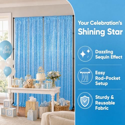 ShinyBeauty Sequin Curtains 4 Panels Baby Blue, 2x8ft Glitter Backdrop - Image 3