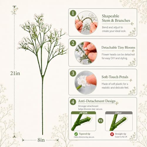 Babys Breath Artificial Flowers, 24pcs Real Touch Babys Breath Flowers Artificial Bulk, Long Stem Gypsophila Fake White Faux Flower for Vase Wedding Table Centerpieces Home Floral Arrangements Bouquet - Image 2