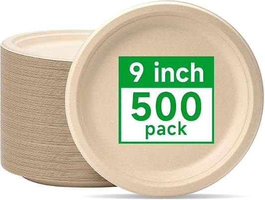 RACETOP Compostable Paper Plates 9 Inch [500 Pack] | Unbleached Brown, Disposable Biodegradable Heavy Duty Paper Plates, Made of Natural Sugarcane Fibers, Round by RACETOP