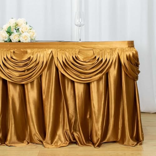 Efavormart 14ft Gold Pleated Satin Double Drape Table Skirt - Image 2