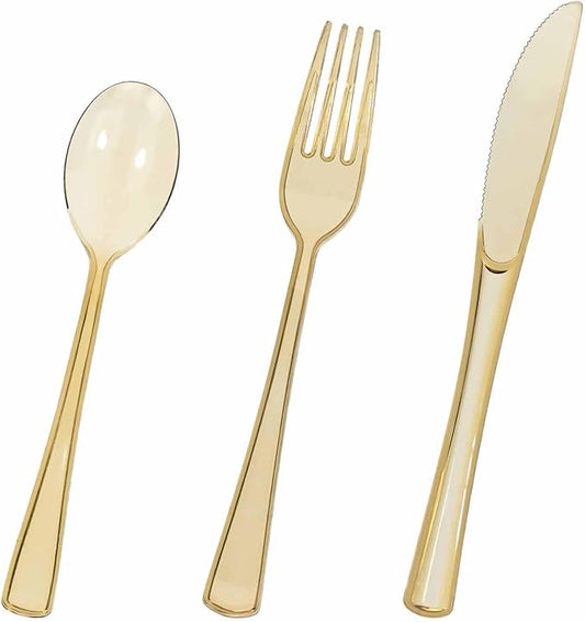 HEIPINIUYE 75 Pack Brown Clear Plastic Cutlery Heavy Duty Clear Brown Plastic Knives Forks and Spoons Disposable Silverware Set for 25 Guest Camping Birthday Baby Shower Party Utensil Set