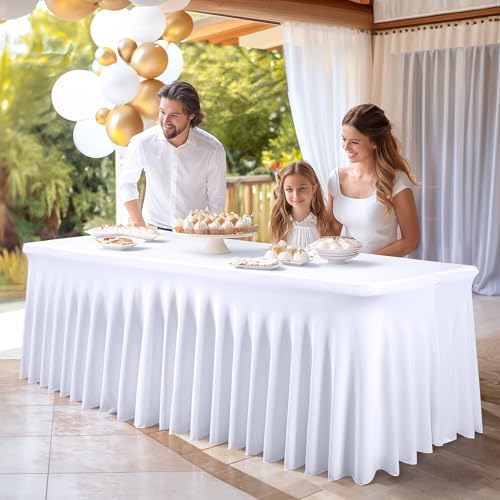 PARTISKY 2 Pack White Spandex Table Cloths for Rectangle Tables 6ft, White Table Skirt for Party, Table Cover with Skirt for Wedding Folding Table Banquet Baby Shower & Birthday Parties - Image 2