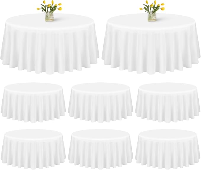 Showgeous 8 Pack White Polyester 90 Inch Round Tablecloths | Soft polyester, wrinkle resistant, fade resistant, smooth finish, fine stitching, folded hems, reusable, machine washable by Showgeous