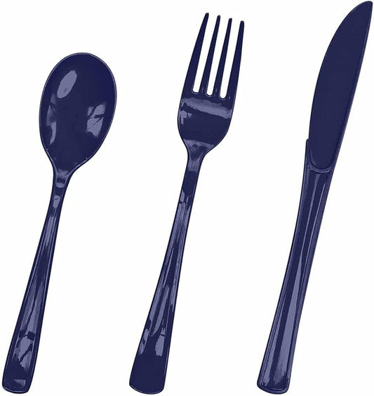 HEIPINIUYE 75 Pack Navy Blue Plastic Cutlery Heavy Duty Blue Plastic Knives Forks and Spoons Disposable Silverware Set for 25 Guest Camping Birthday Baby Shower Party Cutlery Set