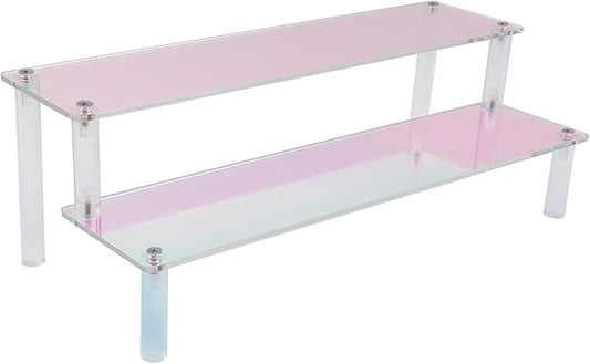 MY MIRONEY 2 Tier Acrylic Riser Display Shelf Iridescent Display Stand Figurines Decoration Organizer Cupcakes Holder for Display Food Desserts Collectibles Perfume Makeup(11.81" x 5.04" x 3.94")