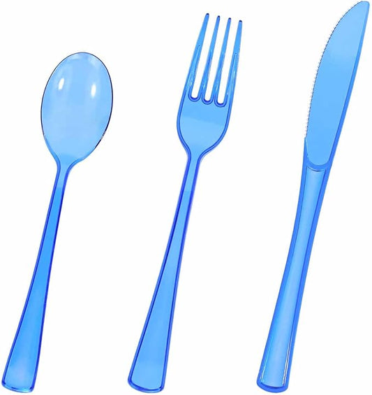 HEIPINIUYE 75 Pack Royal Blue Clear Plastic Cutlery Heavy Duty Clear Blue Plastic Knives Forks and Spoons Disposable Silverware Set for 25 Guest Camping Birthday Baby Shower Party Utensil Set