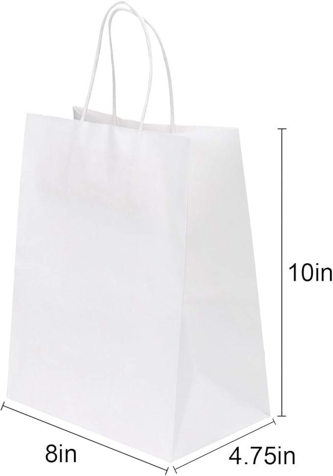 Joybe 200 Pack 8x4.75x10 Inch Medium White Kraft Paper Bags with Handles Bulk, Craft Paper Gift Bags for Party Favors Grocery Retail Shopping Business Goody Merchandise Take Out Blank Sacks (200pcs) - Image 2