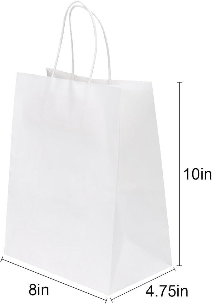 Joybe 50 Pack 8x4.75x10 Inch Medium White Kraft Paper Bags with Handles Bulk, Craft Paper Gift Bags for Party Favors Grocery Retail Shopping Business Goody Merchandise Take Out Blank Sacks (50pcs) - Image 2