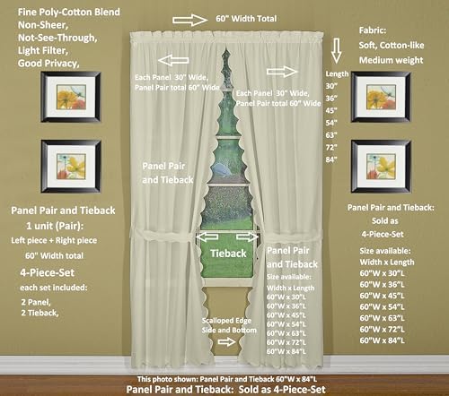 Today's Curtain, Orleans Scallop Curtain, Ecru 84" Panel Pair and Tieback,4-Piece-Set, 60" W x 84" L, Ecru - Image 2