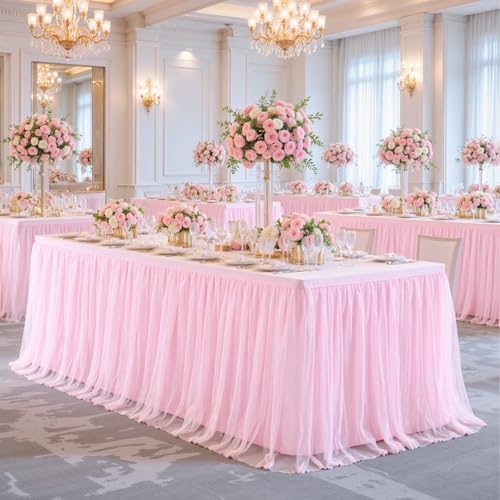 2 Pack 8ft Pink Tablecloths for Rectangle Tables, 8 Foot Pink Rectangular Table Cloth, Wrinkle Free Table Cover with Tutu Skirt for Baby Shower Girls Birthday Party Banquet Buffet Cake Decorations - Image 4