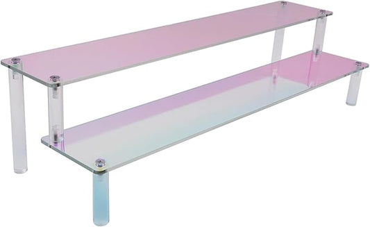 MY MIRONEY 2 Tier Acrylic Riser Display Shelf Iridescent Display Stand Figurines Decoration Organizer Cupcakes Holder for Display Food Desserts Collectibles Perfume Makeup(15.75" x 5.04" x 3.94")