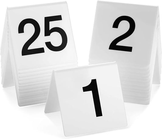 Juvale Tent-Style Acrylic Table Numbers - Medium White, 1-25 - Reusable Plastic Table Tent Markers - Food Order Number Cards with Double-Sided Slanted Design for Restaurants & Events