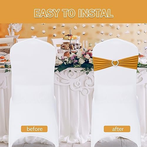 Pack of 60 Spandex Chair Sashes Bows Stretch Chair Cover Band with Buckle Slider Universal Elastic Chair Ties for Wedding Banquet Party Event Decoration (Gold) - Image 4