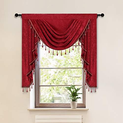 ELKCA Burgundy Red Valance with Beads for Festival Holiday,Thick Chenille Window Curtains Valance for Living Room,Rod Pocket(W39inch,1 Panel) by ELKCA