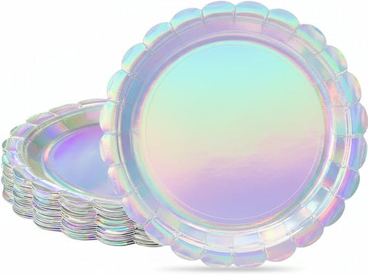 NatNarr 30 Pack Iridescent Plates, 7" Holographic Dessert Cake Plates | Small Scalloped Iridescent Appetizer Party Plates for Mermaid, Disco, Unicorn Birthday, Oil-and Water-Resistant by NatNarr
