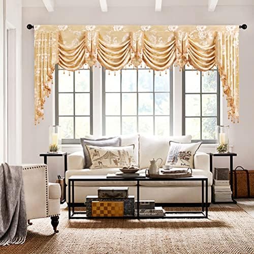 ELKCA Golden Floral Jacquard Swag Waterfall Valance for Living Room Floral Curtain Valance for Bedroom,Rod Pocket,W118 Inch,1 Panel by ELKCA