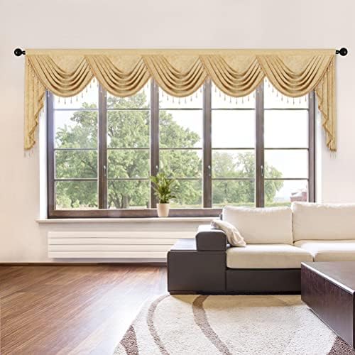 ELKCA Thick Chenille Window Curtains Valance for Living Room, Luxury Gold Valance with Beads for Bedroom,Rod Pocket (W138inch,1 Panel) by ELKCA
