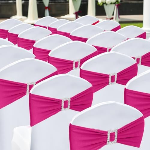 Joccun 30 PCS Spandex Chair Sashes Bows Stretch Chair Cover Band with Buckle Slider Universal Elastic Chair Ties for Wedding Banquet Party Event Decoration (Fuchsia) - Image 7