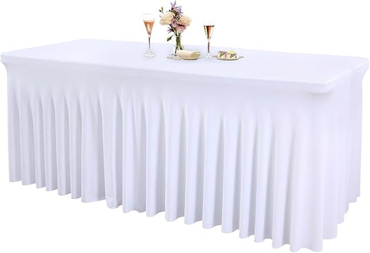 1 Pack White Tableclothes for 4 Foot Rectangle Tables, Wrinkle Resistant Fitted Table Cloth Stretch Spandex Table Covers with Skirt for Event Banquet Wedding Birthday Party by PartyTalk