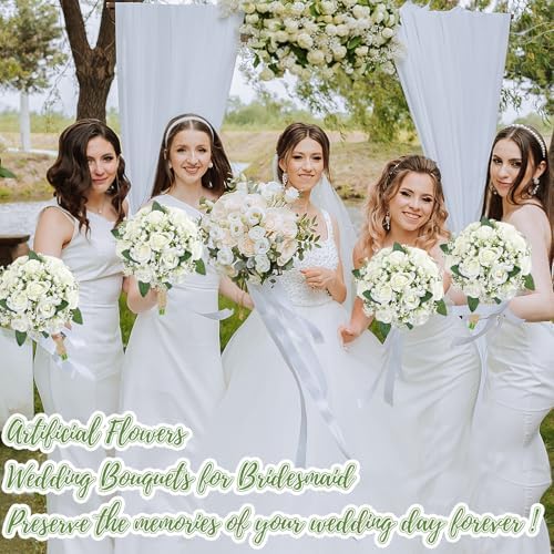 Artificial Bridesmaid Bouquets Set of 6 for Wedding - 7 inch White Flowers Bouquets for Bridesmaids, Faux Rose Gypsophila Rustic Small Floral Bouquet Fake Boho Wedding Party Ceremony Anniversary Decor - Image 4
