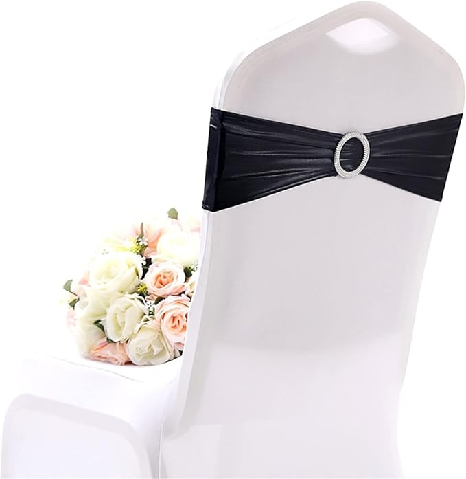Dimatic 10 PCS Spandex Stretch Chair Sashes Bow Elastic Chair Cover Bands with Buckle Slider for Wedding, Banquet, Party, Hotel Event Decorations - Black by Dimatic