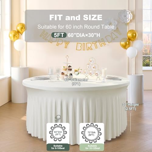 Outpain 4 Pack Spandex Ivory Round Tablecloths for 60in Tables, 120Inch Stretchy Fitted 5FT Round Table Clothes,Wrinkle Free Table Cover with Skirt for Wedding Party Dining Banquet - Image 6