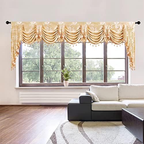 ELKCA Golden Floral Jacquard Swag Waterfall Valance for Living Room Floral Curtain Valance for Bedroom,Rod Pocket,W138 Inch,1 Panel by ELKCA