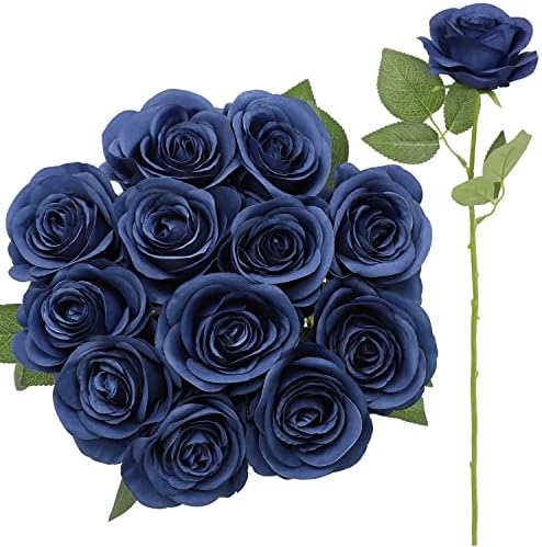 JUSMAI 12pcs Roses Artificial Flowers Navy Blue Fake Roses Flowers with Long Stems Silk Flowers for Wedding Bouquet Centerpices Decorations Party Bridal Baby Shower Home Decor - Image 4