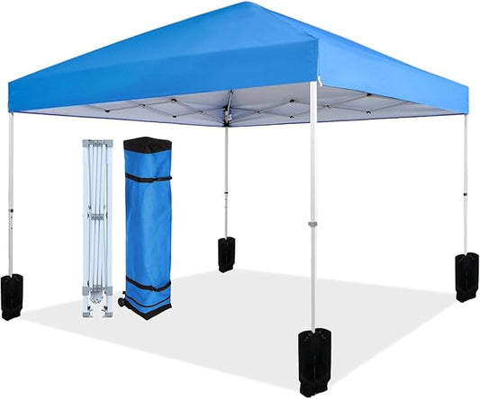 Amazon Basics Outdoor Pop Up 10 x 10 Canopy Tent for Events, Portable with Easy Setup, Sun Shelter for Outdoor Activities, Includes Wheeled Carry Bag, 8 Pegs, 4 Ropes, 4 Weighted Bags, Blue