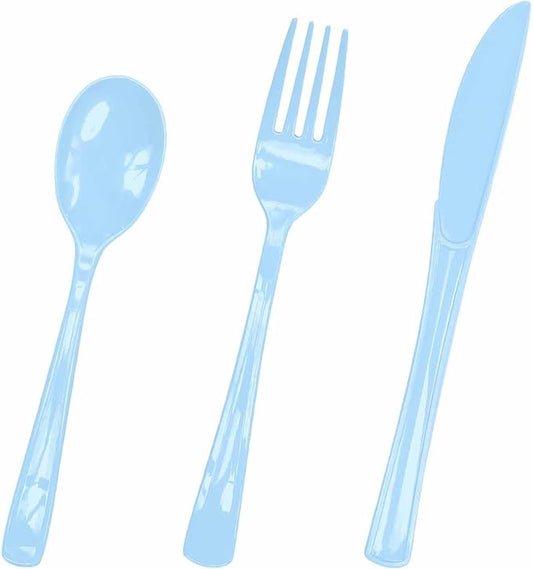 HEIPINIUYE 75 Pack Light Blue Plastic Cutlery Heavy Duty Baby Blue Plastic Knives Forks and Spoons Disposable Silverware Set for 25 Guest Camping Birthday Baby Shower Party Cutlery Set