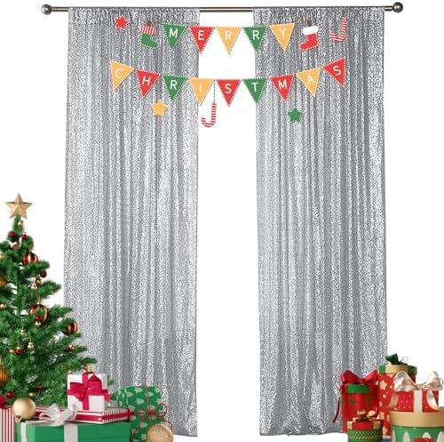 Sugargirl Silver Sequin Backdrop Curtain 2FTx8FT Glitter Background Drapes Sparkle Photography Backdrop for Party Wedding Birthday Wall Decor（2 Panels,Silver by Sugargirl