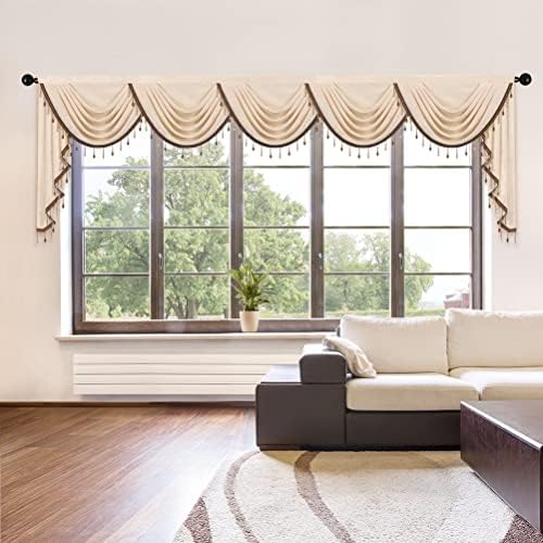 ELKCA Thick Chenille Window Curtains Valance for Living Room Beige Valance with Beads for Bedroom, Rod Pocket (W138inch,1 Panel) - Image 2