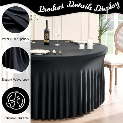 Outpain 6 Pack Black Round Spandex Tablecloth for 60 Inch/5FT Tables - Stretchy Table Cloth with Skirt, Wrinkle-Free Fitted Cloth for Wedding Vendor, Banquet & Graduation Decor (120" Round) - Image 3