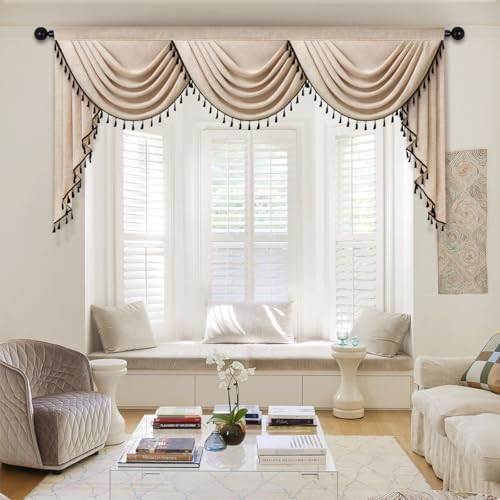 ELKCA Faux Linen Curtain Valance for Living Room Japanese Style Modern Curtain Valance for Bedroom Solid Light Coffee with Black Tassel, Rod Pocket (98inch,1 Panel) - Image 2