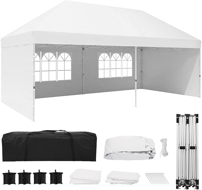 Eachbid 10' x 20' Pop Up Canopy Gazebo Commercial Tent with 4 Removable Sidewalls, Large Party Tent, Event Shelter Gazebo Canopy with 4 Sandbags, Stakes X12, for Patio Party Weddings Picnic (White)