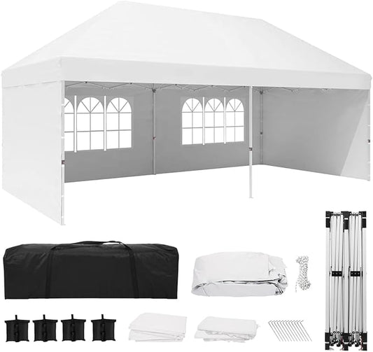 Eachbid 10' x 20' Pop Up Canopy Gazebo Commercial Tent with 4 Removable Sidewalls, Large Party Tent, Event Shelter Gazebo Canopy with 4 Sandbags, Stakes X12, for Patio Party Weddings Picnic (White)