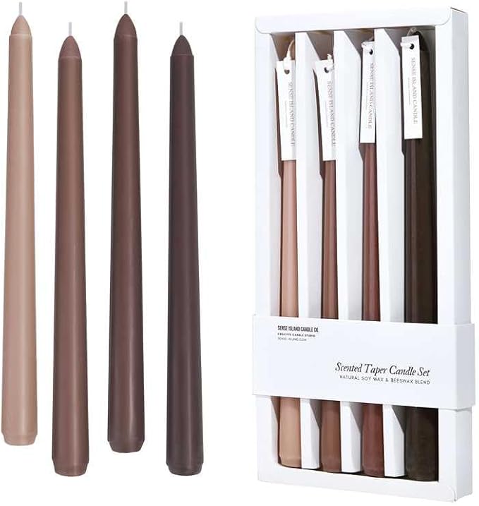 Taper Candles 10'' Brown Beige Ombre Non Toxic Candle Sticks Set of 4 | Mild Coffee Cream Scented, Natural Soy Tapered Candlesticks | Home Decor Kitchen Decor Wedding Decorations Centerpiece