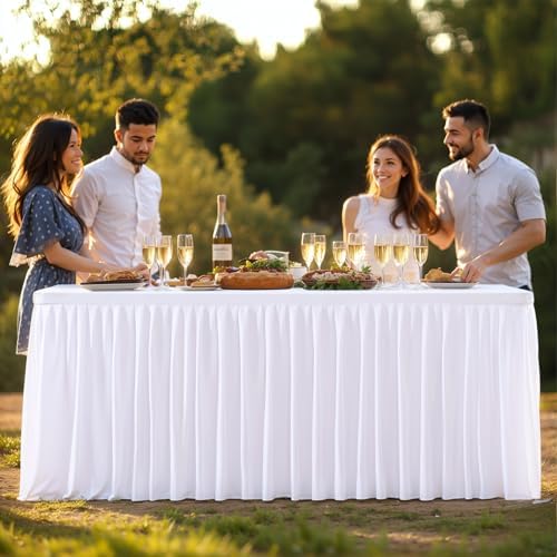 PARTISKY 6 Pack White Tablecloths for Rectangle Tables 8ft, Wrinkle Resistant White Table Cover Fitted Stretch Table Cloth with Pleated Ruffle Skirts for Party Banquet Dining Birthday Wedding - Image 5