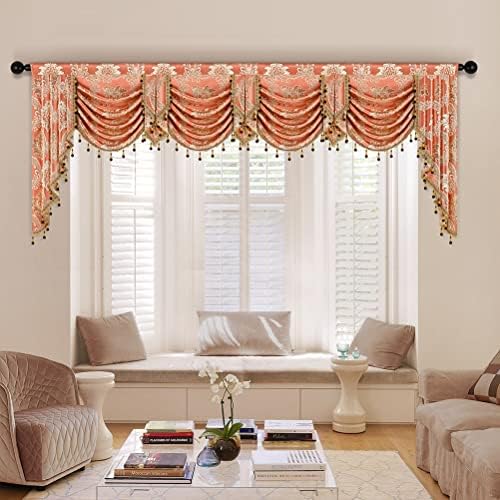ELKCA European Style Waterfall Valance for Bedroom Damask Coffee Curtain Valance for Living Room Jacquard Curtains,Rod Pocket,1 Panel (Damask-Coffee, W118) by ELKCA