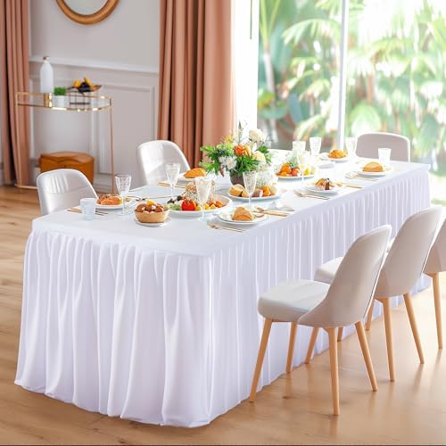 Wish Care White Table Clothes for Rectangle Tables 6ft, Wrinkle Resistant Fitted Table Cloth with Pleated Ruffle Skirts for Banquet Wedding Baby Shower Folding Table - Image 2