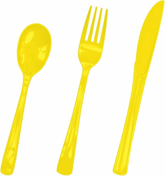 HEIPINIUYE 75 Pack Yellow Plastic Cutlery Heavy Duty Yellow Plastic Knives Forks and Spoons Disposable Silverware Set for 25 Guest Camping Birthday Baby Shower Party Cutlery Set
