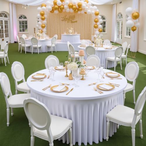 Outpain 8 Pack White Round Spandex Tablecloths for 60in/5FT Tables, 120Inch Stretchy Fitted Round Table Clothes,Wrinkle Free Table Cover with Skirt for Wedding Party Dining Banquet - Image 2