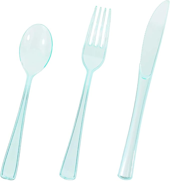 HEIPINIUYE 75 Pack Light Green Clear Plastic Cutlery Heavy Duty Clear Green Plastic Knives Forks and Spoons Disposable Silverware Set for 25 Guest Camping Birthday Baby Shower Party Utensil Set