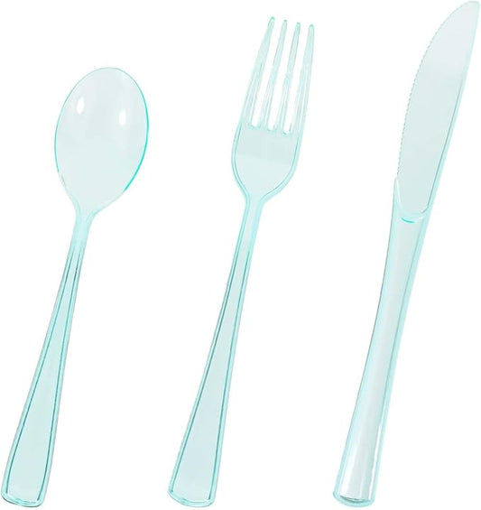 HEIPINIUYE 75 Pack Light Green Clear Plastic Cutlery Heavy Duty Clear Green Plastic Knives Forks and Spoons Disposable Silverware Set for 25 Guest Camping Birthday Baby Shower Party Utensil Set