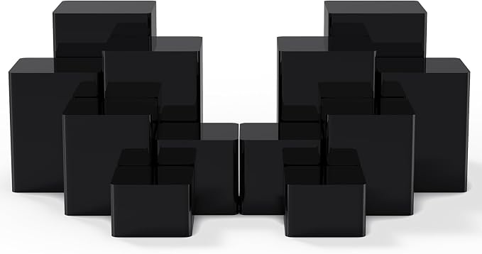 Thyle Jewelry Acrylic Risers Square Cube Display Nesting Risers Figure Stand with Hollow Bottoms Display Stand Shelf for Cosmetics Food Collectibles Perfume, 6 Sizes (Black,12 Pcs) by Thyle